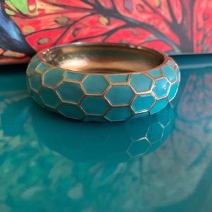 Gorgeous Teal Enameled Clamper Bracelet - Honeycomb Design